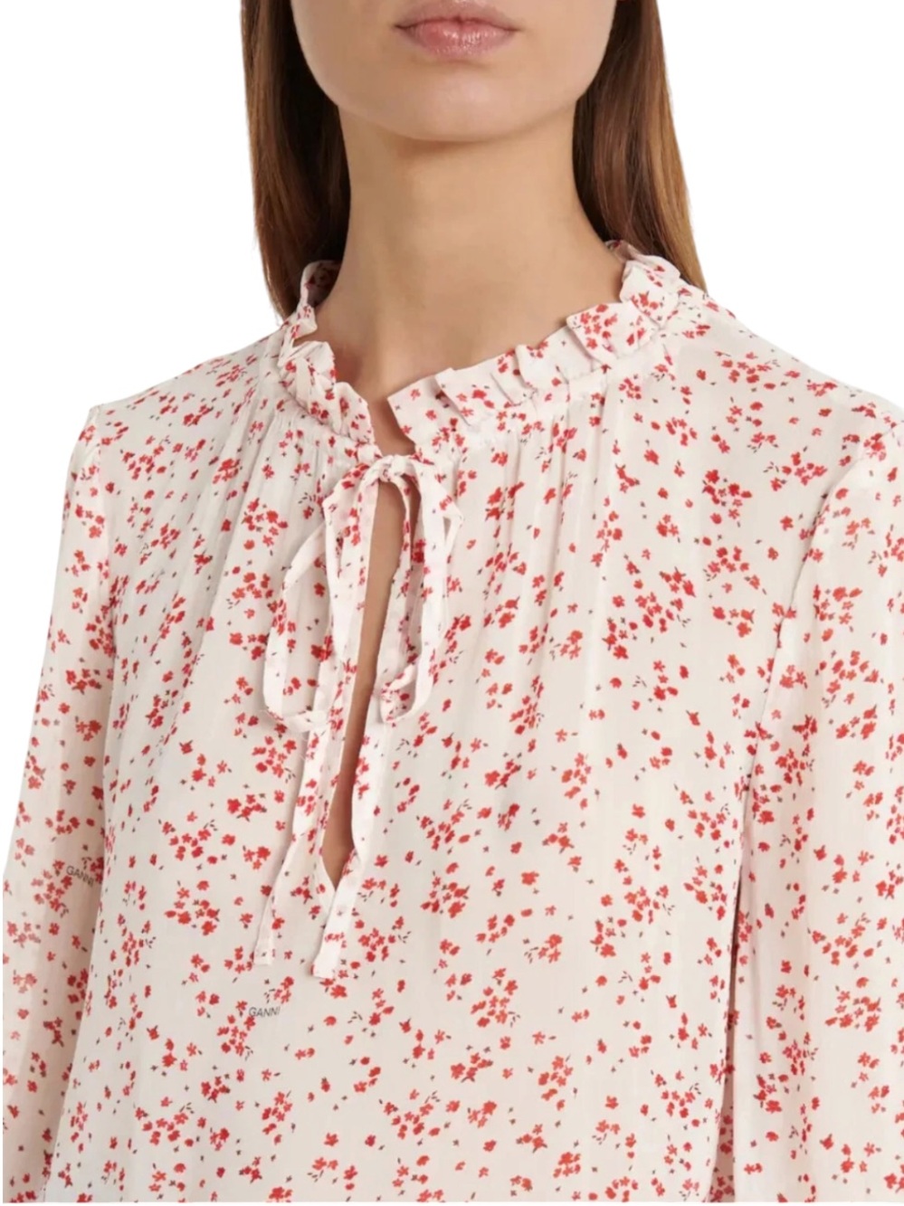 GANNI Sheer Floral Ruffle Blouse Size 34 US 2 Small Cottagecore Fairycore